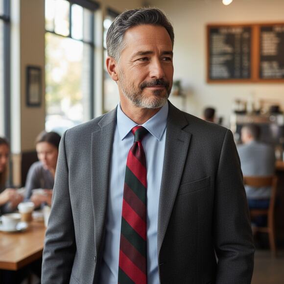 Mens Red Black Striped Polyester Tie Classic - Picture 1 of 5
